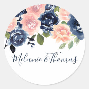 Sticker Rond Fiançailles Mariage floral Blush & Navy