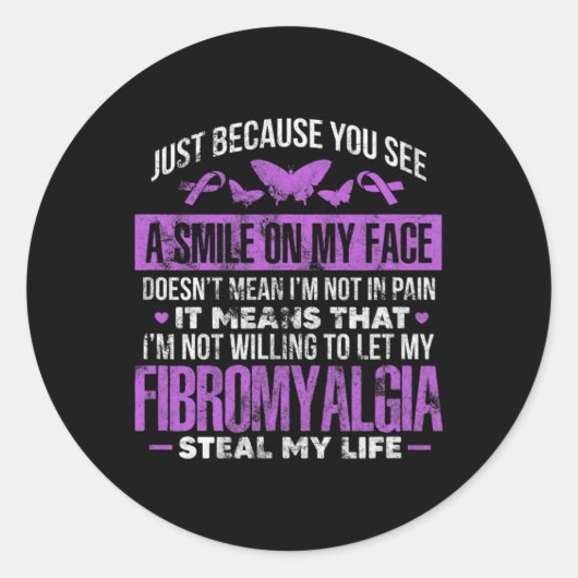 Sticker Rond Fibromyalgie Fibro Warrior Purple Ribbon Papillon (Devant)