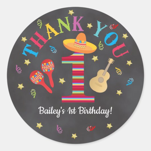 Sticker Rond Fiesta 1er Anniversaire Couleurs sur tableau noir (Devant)