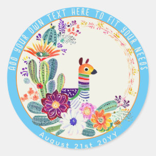 Sticker Rond FIESTA Cactus Llama Fleurs Folkart bleu personnali