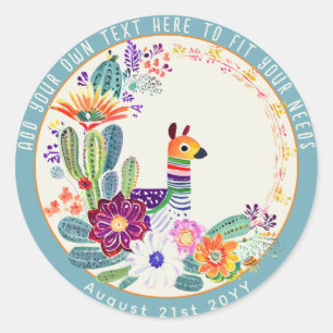 Sticker Rond FIESTA Cactus Llama FolkFlowers Party Personnalisé