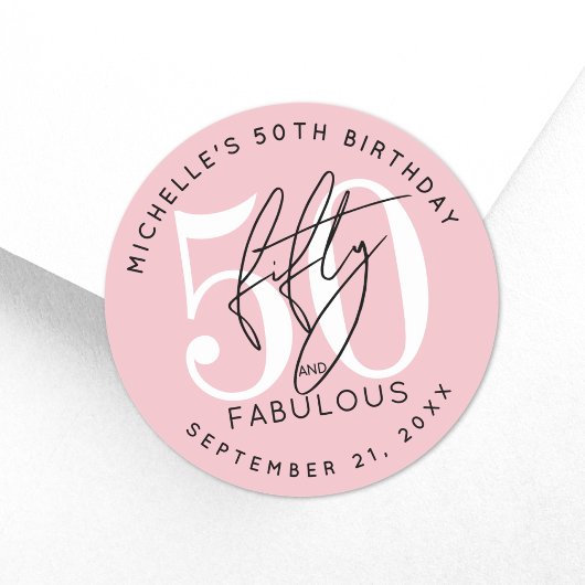 Sticker Rond Fifty Fabulous Pink 50th Birthday Party