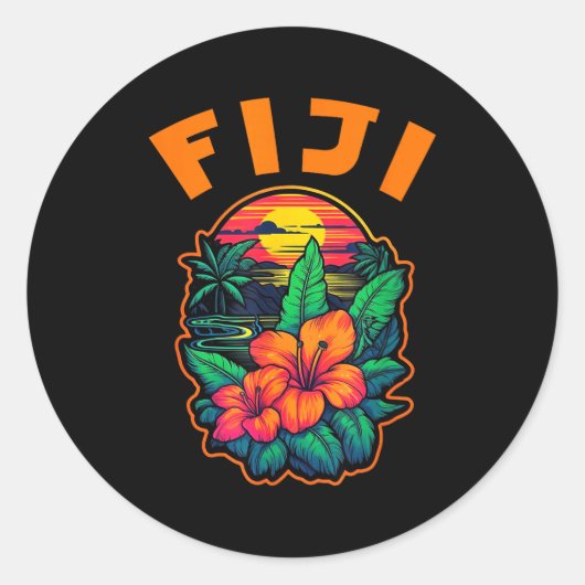Sticker Rond Fiji Islands Pacific Ocean Trocal Flowers Beach Va (Devant)