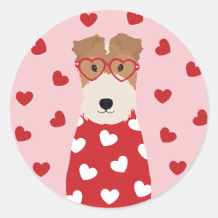 Sticker Rond Fil Fox Terrier Verres Coeur chien de chien rose