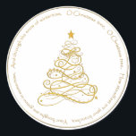 Sticker Rond Filigree métallique or "O Christmas Tree" paroles<br><div class="desc">Un sapin de Noël métallique doré avec de belles lignes courbes et des tourbillons et une étoile sur un arrière - plan blanc. Ce symbole de vacances minimaliste est d'or et de blanc et a un look propre, lumineux, gai; il répandra la joie tout au long de la fête. Le...</div>