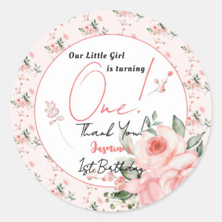 Sticker Rond Fille 1er Anniversaire Rose Roseau Aquarelle Éléga