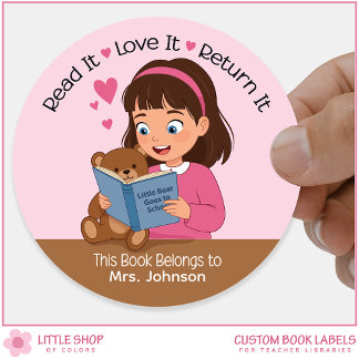 Sticker Rond Fille à l'ours en peluche Ex-libris de la biblioth