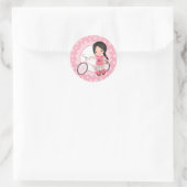 Sticker Rond Fille à vélo noire Haired - Blanc rose (Sac)