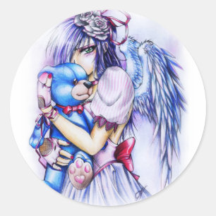 Sticker Rond Fille angélique gothique rose anime avec Teddy