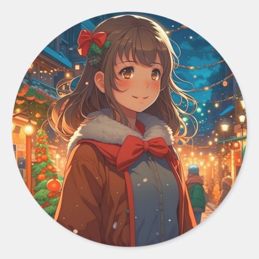 Sticker Rond Fille Anime dans la nuit de Noël (Devant)
