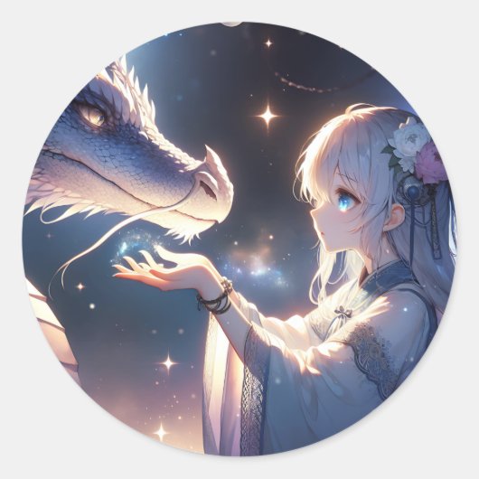 Sticker Rond Fille Anime et Son Dragon Mystique (Devant)