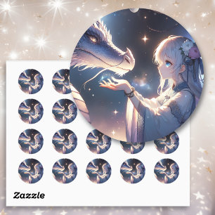 Sticker Rond Fille Anime et son Dragon Mystique