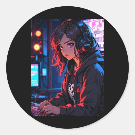 Sticker Rond Fille Anime Rétro Joueuse Configuration de Streami (Devant)