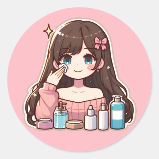 Sticker Rond Fille appliquant des soins skincare art mignon des (Devant)