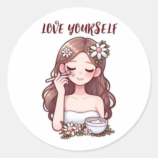 Sticker Rond Fille appliquant skincare Aimez-vous (Devant)