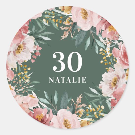 Sticker Rond Fille aquarelle florale anniversaire rose chic (Devant)