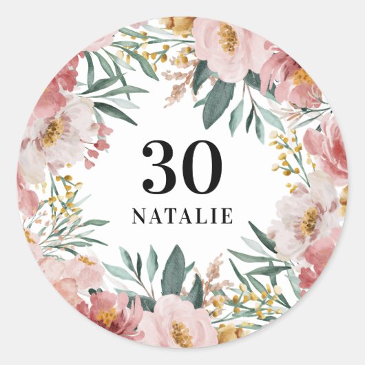 Sticker Rond Fille aquarelle florale anniversaire rose chic (Devant)
