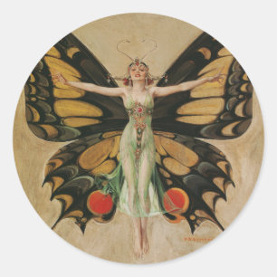 Sticker Rond Fille au papillon de Leyendecker Art Déco vintage
