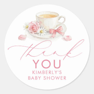 Sticker Rond Fille au thé au ruban rose Baby Shower Merci