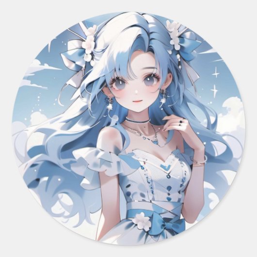 Sticker Rond Fille aux cheveux bleus dans une robe bleue (Devant)