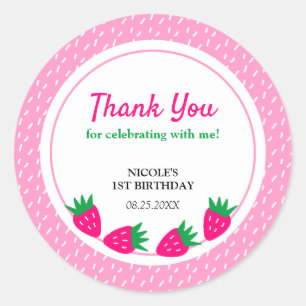 Sticker Rond Fille aux fraises rose mignonne Anniversaire Merci