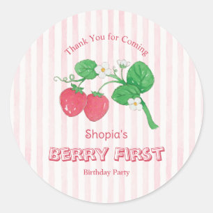Sticker Rond Fille aux Rayures Roses Fraise Première Anniversai