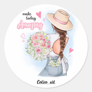 Sticker Rond Fille avec fleurs, numérique