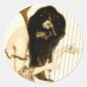Sticker Rond Fille avec harpe