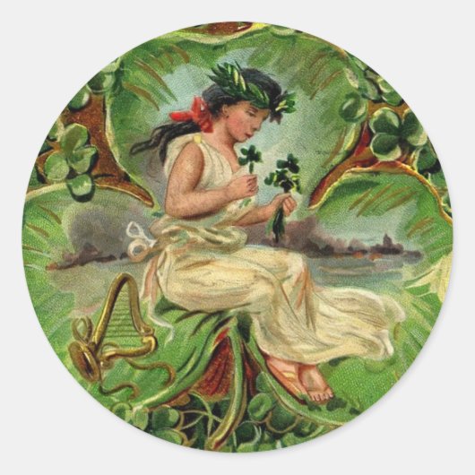 Sticker Rond Fille avec harpe et shamrocks (Devant)