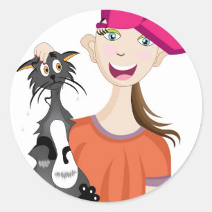 Sticker Rond Fille avec le chat humide