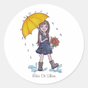 Sticker Rond Fille Avec Parapluie Jaune En Aquarelle