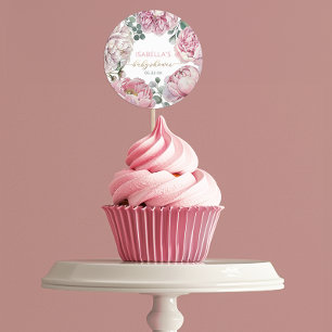 Sticker Rond Fille Baby shower Élégant Floral Peony & Green