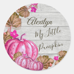 Sticker Rond Fille Baby shower Gris Bois Automne rose Citrouill
