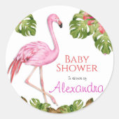 Sticker Rond Fille Baby shower rose Flamant rose faune tropical (Devant)
