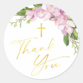 Sticker Rond Fille Baptême Blush Fleurs Roses Brut Merci (Devant)
