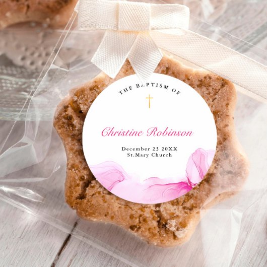 Sticker Rond Fille Baptême Christening Encre Rose
