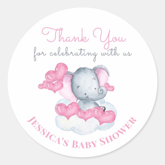 Sticker Rond Fille bébé éléphant avec coeur rose - Merci (Devant)