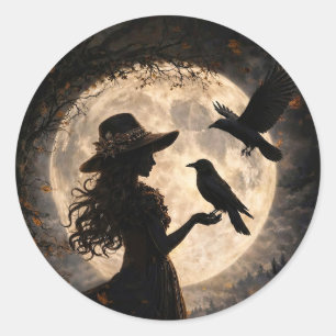 Sticker Rond Fille Boho avec Corbeau et Pleine Lune