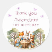 Sticker Rond Fille Bois Animaux 1er Anniversaire Merci (Devant)
