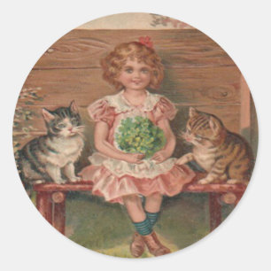 Sticker Rond Fille Chat Chaton Fleurs Anniversaire