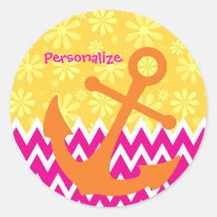Sticker Rond Fille Chevrons Rose Ancre orange avec nom