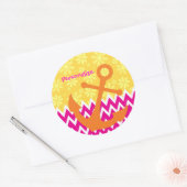 Sticker Rond Fille Chevrons Rose Ancre orange avec nom (Enveloppe)