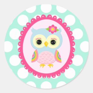 Sticker Rond Fille Chouette rose Fleur & Pois Aqua Arc-en-ciel
