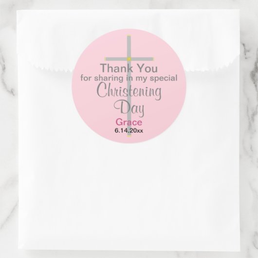 Sticker Rond Fille Christening Rose Merci (Sac)