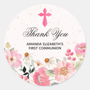Sticker Rond Fille Communion Aquarelle rose Fleurs Faveurs