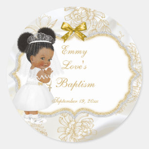 Sticker Rond Fille Communion Baptême Croix Dorée Ethnique