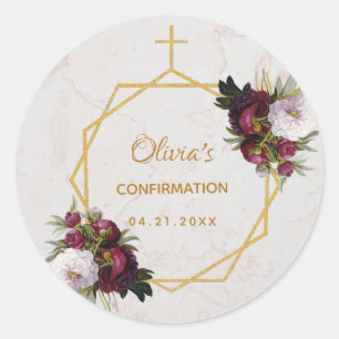 Sticker Rond Fille Confirmation Bourgogne Red Peonies Marble Go