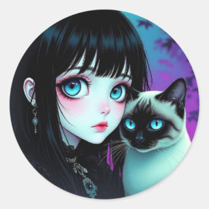 Sticker Rond Fille d'anime et chat siamois