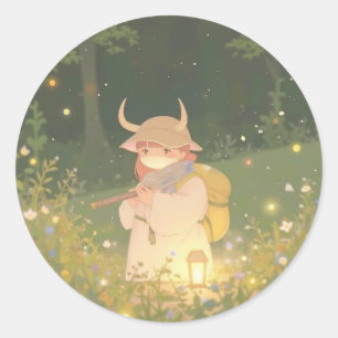 Sticker Rond Fille d'anime éthérée avec des cornes dans une pra