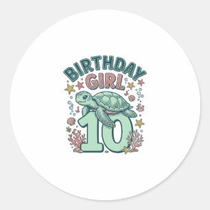 Sticker Rond Fille d'anniversaire 10 Tortue de mer Gravure vint